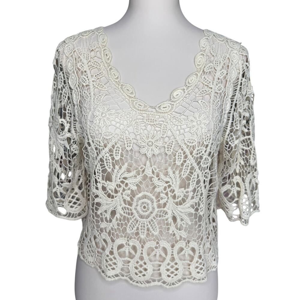 Alberto Makali Stunning Ivory Crochet Lace Top Boho Sheer Floral Medium